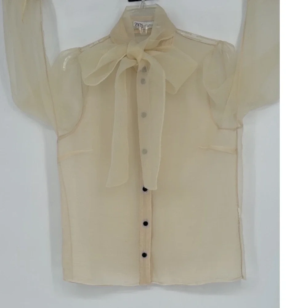 Zara Organza Bow Blouse Cream Sheer Button Front Top L Soft Femininity 102-08